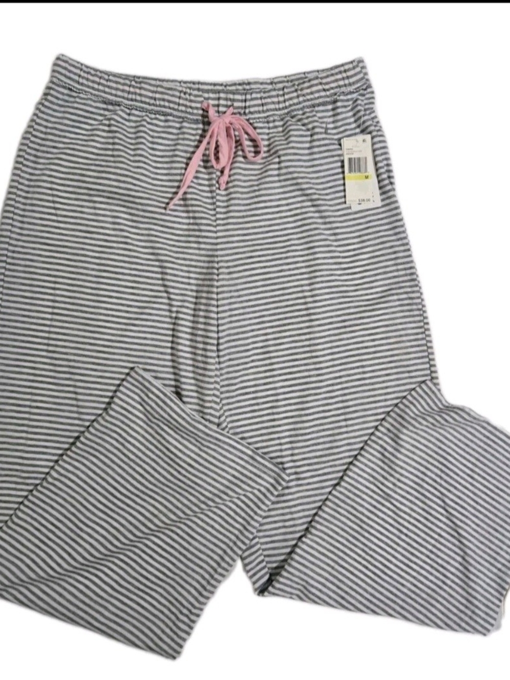 Nautica Women's Gray & White Striped Pajama Bottoms with Pink Drawstring